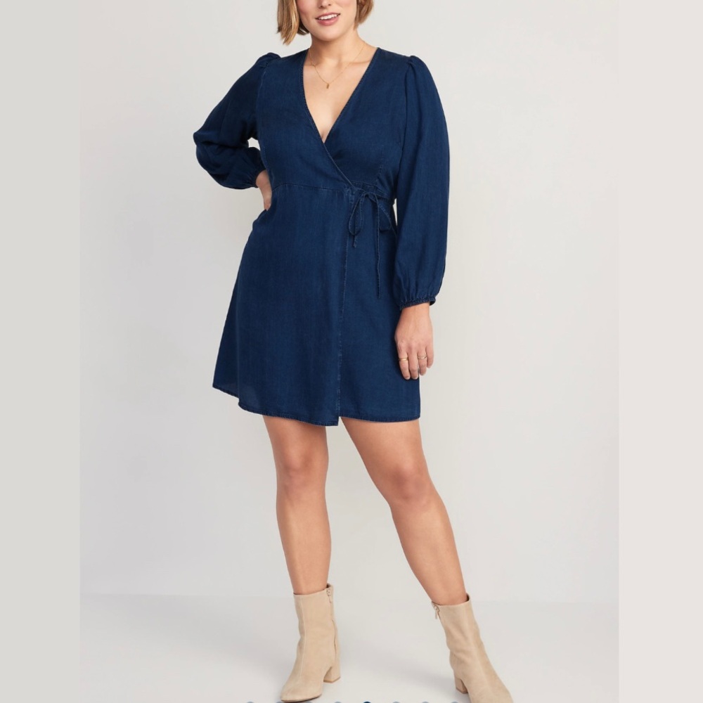 Old Navy Women's Indigo Denim Puff-Sleeve Jean Mini Wrap Dress - NWT